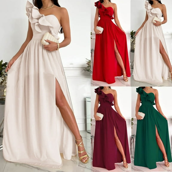 cllios Womens Wedding Guest Dresses Formal Ruffle One Shoulder Dresses Flowy Side Split Cocktail Dresses Fall Evening Dresses
