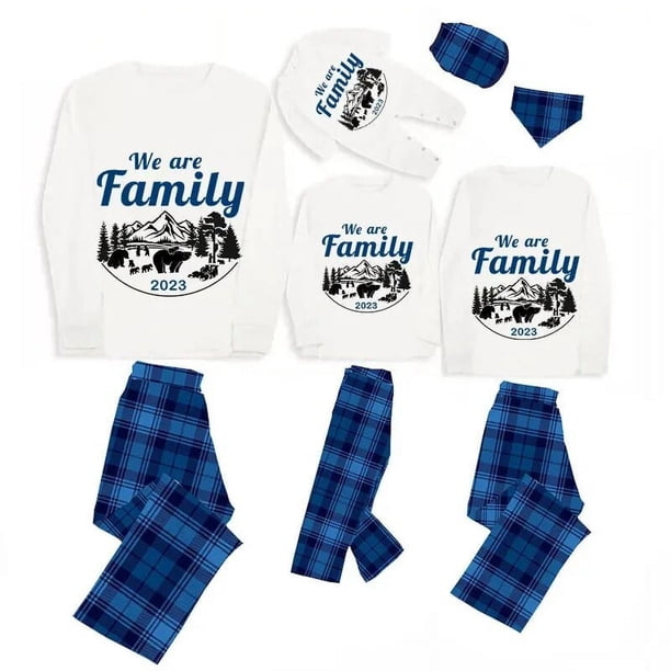 Pijamas familiares navideños a juego, diseño exclusivo navideño, conjunto de pijamas a cuadros azules con oso polar, familia, 2023