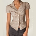 thumbnail image 4 of Womens Button Down Shirt Short Sleeve Stripes Fitted Y2k Tops Lapel V Neck Casual Fashion Summer Blouses (L, Khaki), 4 of 7
