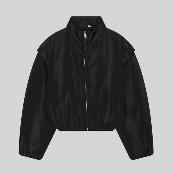 Fengqque Women’s Stand Collar Zip Up Cropped Windbreaker Jacket Gathered Elastic Hem Bubble Long Sleeve Lightweight Casual Outer Coat Black M
