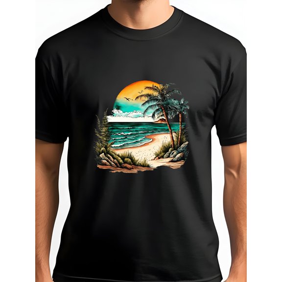 Men's Beach Graphic Print Short Sleeve T-Shirt For Men 1 Pcs Graphic Tee 100% Heavy Cotton - Comfortable Crew Neck, Soft Tees Casual Tops