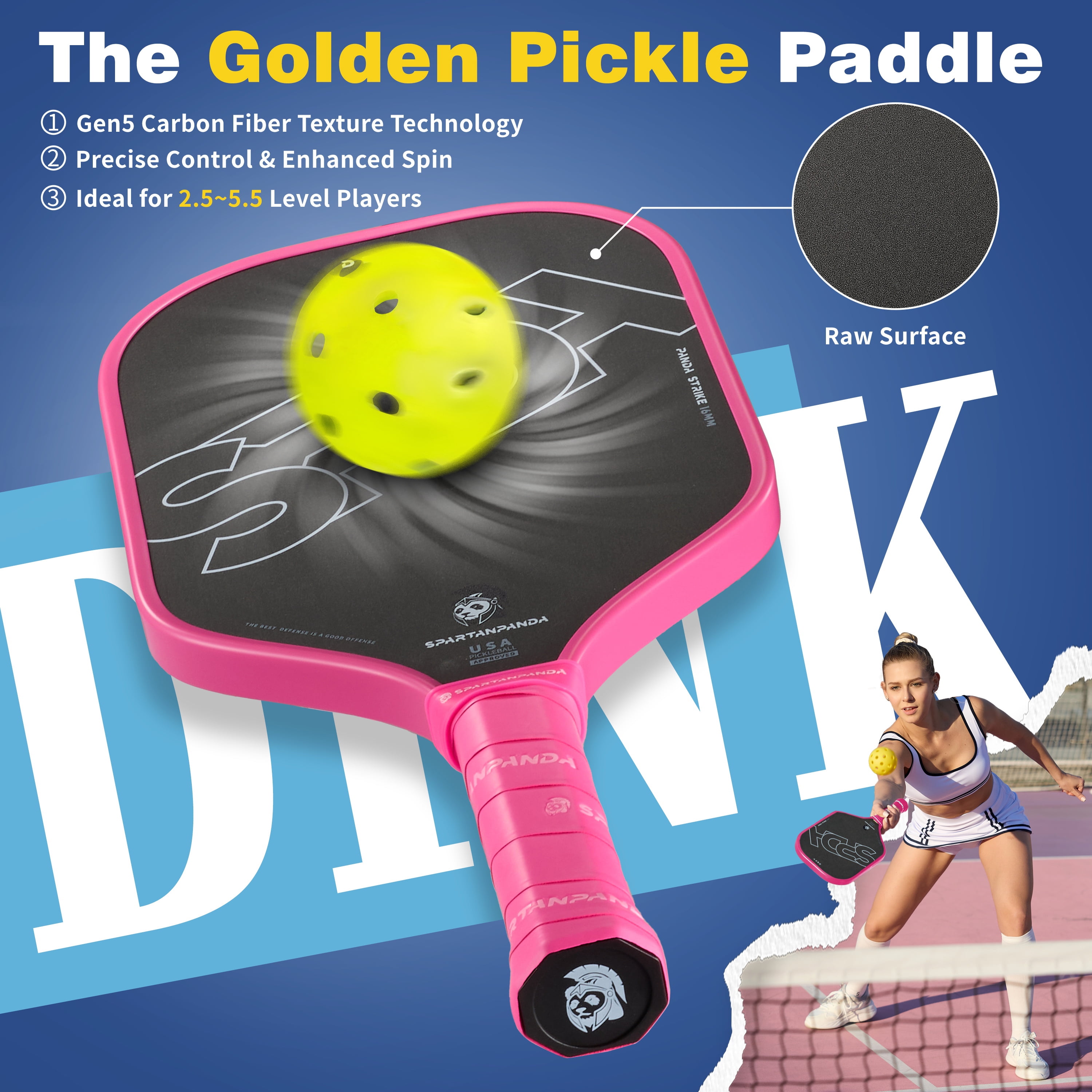 Professional Pickleball Paddle , T700 Carbon Fiber, 16mm Elongated Lightweight Edge Pickle-Ball Racket for Pro Control Players