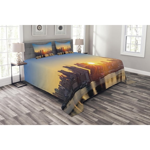 Ambesonne City Quilted Bedspread Set 3 Pcs, Tranquil Sunrise Midtown, King Size, Pale Blue Peach Tan