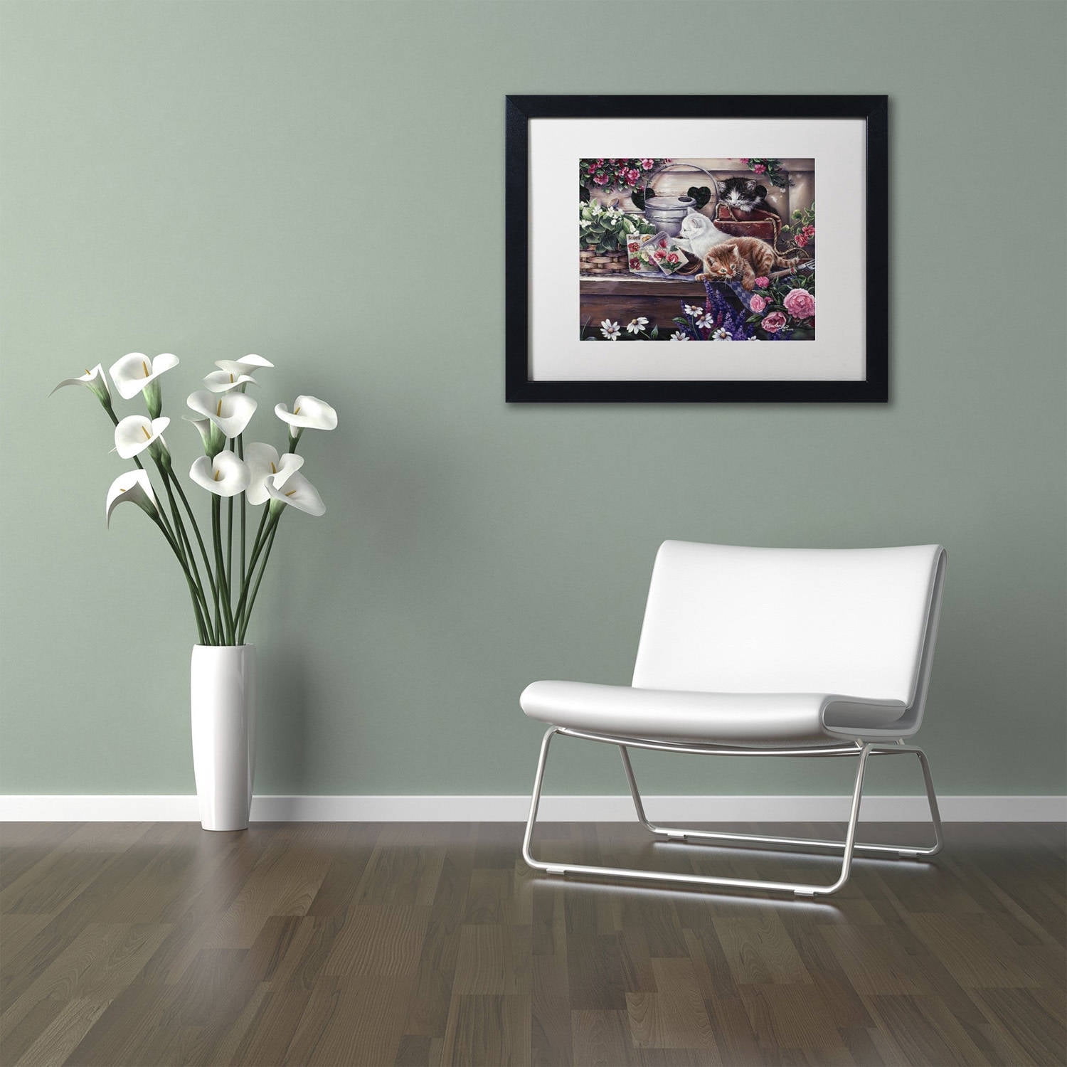 Trademark Fine Art 'Playful Kittens' Canvas Art by Jenny Newland, White Matte, Black Frame