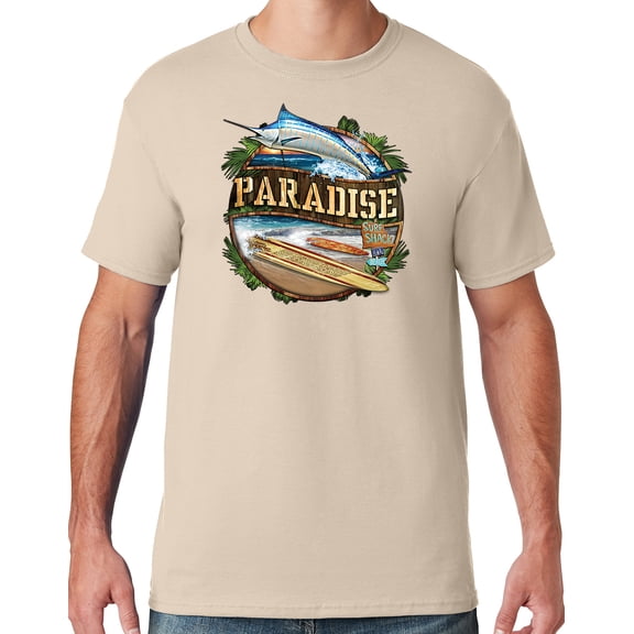 Mens Manu Bay Surf Company PARADISE SURF SHACK MARLIN T-shirt, Small Sandstone