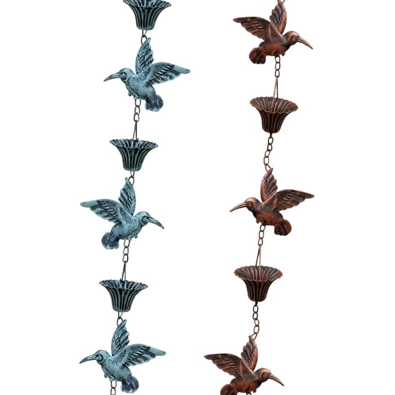 Weatherproofed Rain Chain For Outdoor Use Includes Flower Cups And Hummingbirds Decoration Easyly Installation