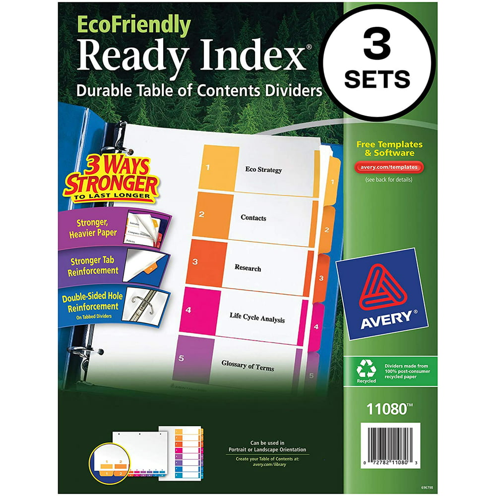 Avery Eco-Friendly 5 Tab Dividers for 3 Ring Binders, Customizable