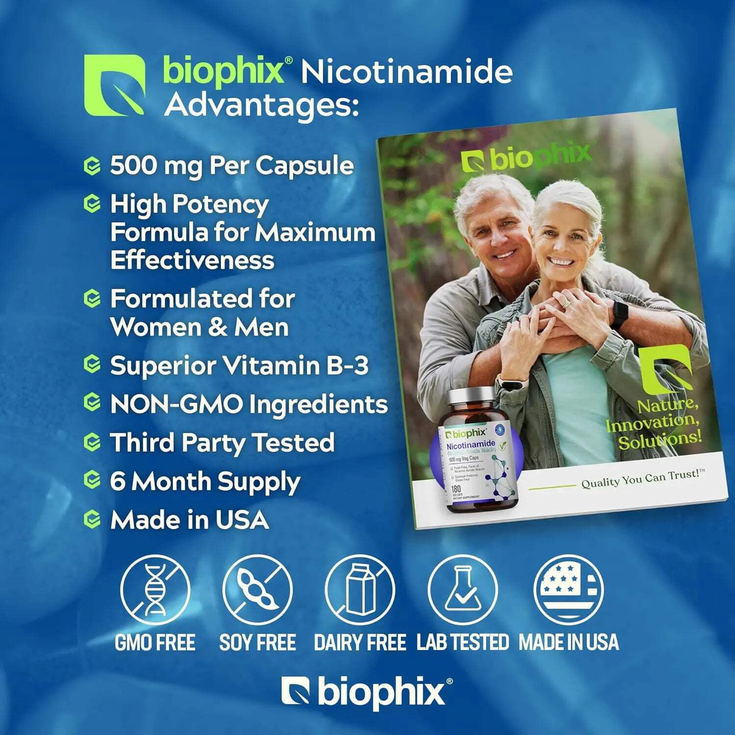 biophix B-3 Nicotinamide 500 mg 180 Vcaps - Hair Skin and Nails 180 Caplets 10000 mcg Biotin - Skin Kit - Nicotinic Amide Niacin Natural Flush-Free Vitamin Formula - Supports Skin Cell Health
