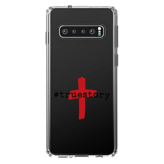 DistinctInk Clear Shockproof Hybrid Case for Samsung Galaxy S10  PLUS (6.4" Screen) - TPU Bumper Acrylic Back Tempered Glass Screen Protector - #truestory - Cross - Christian - Red