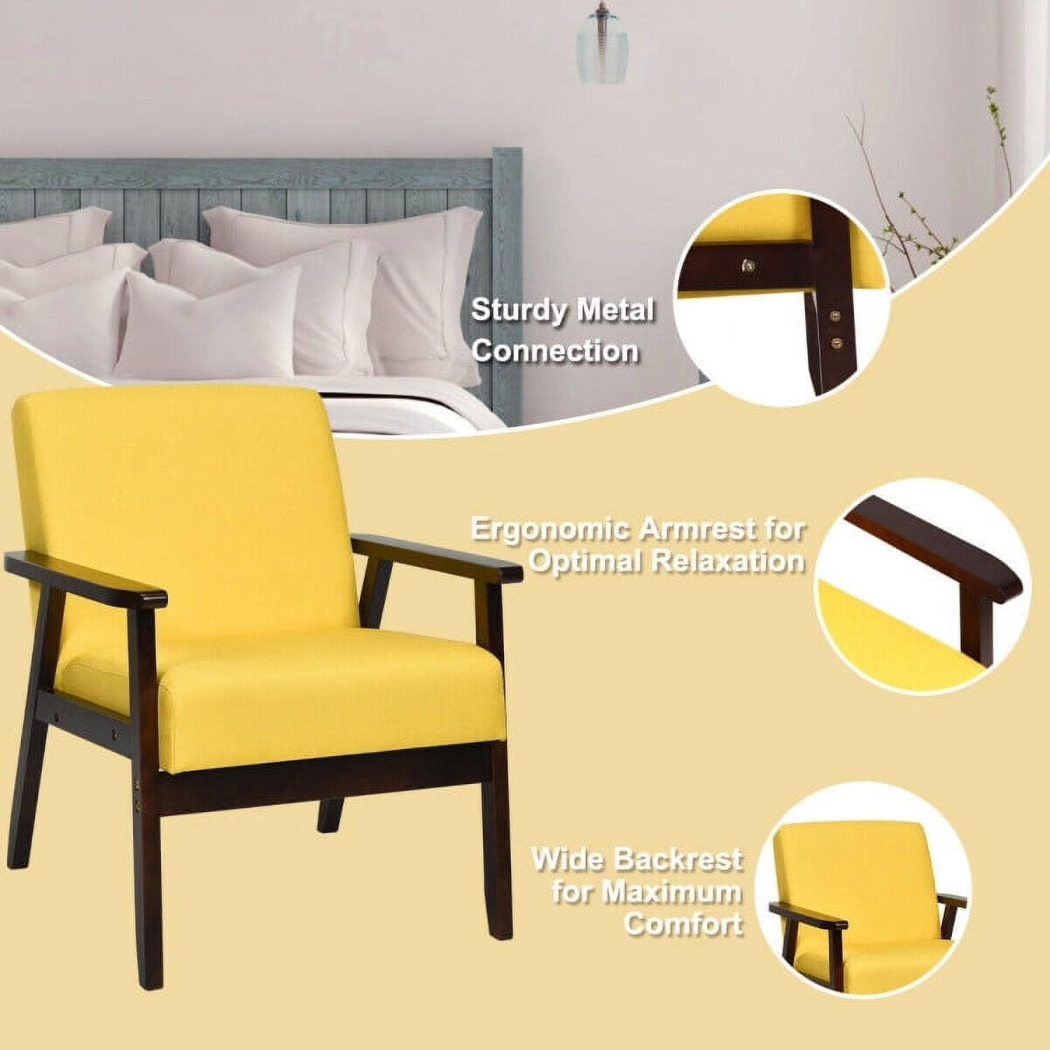 Finihen Mid-Century Modern Accent Chair, Retro Fabric Armchair, Solid Rubber Wood Fabric Accent Armchair, for Living Room, Yellow Finihen Mid-Century Modern Accent Chair, Retro Fabric Armchair, Solid Rubber Wood Fabric Accent Armchair, for Living Room, Yellow