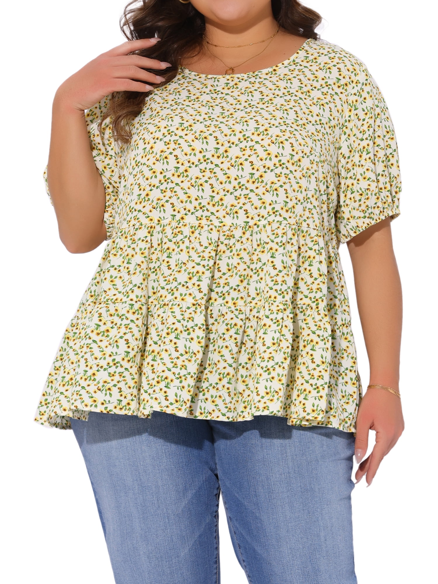 DARING DIVA Women's Plus Short Sleeve Crew Neck Casual Babydoll Top 3X Yellow