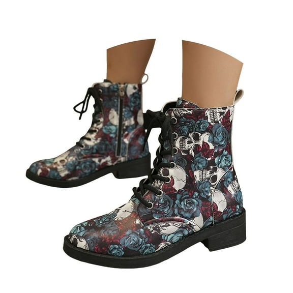 Mepaouo Ankle Booties for Women Lace up Halloween Combat Boots Zipper Waterproof Rain Walking Boots