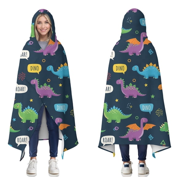 Wearable Blanket,DarkBlue Cartoon Dinosaurs SpeechBubbles Pattern Hooded Wearable Flannel Blanket for Adults & Teens,Winter Poncho Shawl Wrap Cape Cozy Anti-Pill,50"x60"