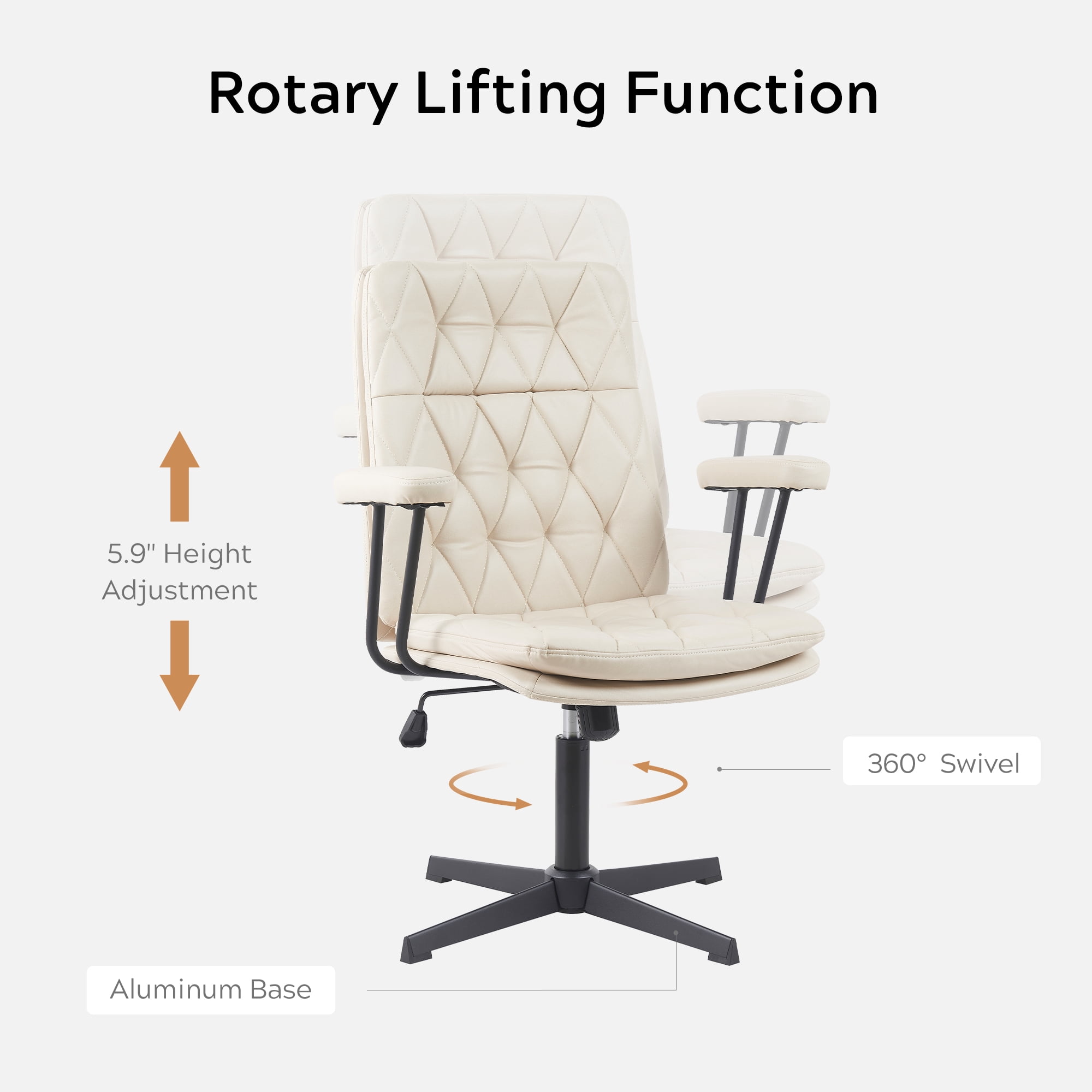 EYYTHUNG Home Office Desk Chair No Wheels with Arms, Crossleg Adjustable Stationary Ergonomic Office Swivel Working Computer Chair, Cream White