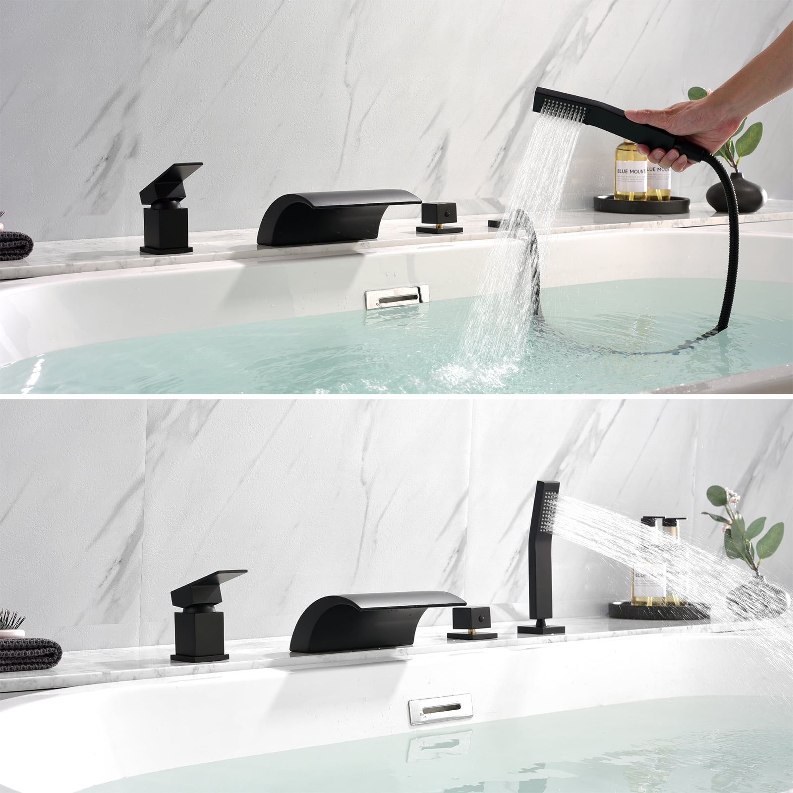Cobbe Single Handle Bathroom Bathtub Faucet with 7.09-Inch Wide Waterfall Spout and Handheld Shower 4-Hole Mount Matte Black