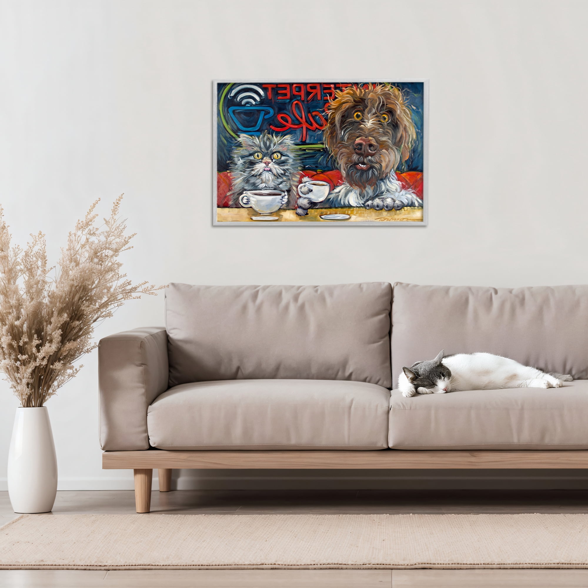 Stupell Industries Pets Wired At The Cafe Gray Framed Giclee Art, design by CR Townsend