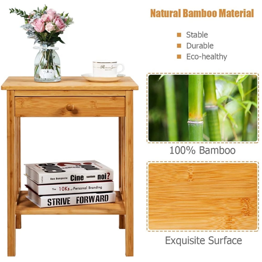 Finihen Bamboo End Table, Sofa Side Table, Bed Side Table, Multipurpose Bamboo End Table with Drawer and Storage Shelf, for Living Room, Bedroom, Natural Finihen Bamboo End Table, Sofa Side Table, Bed Side Table, Multipurpose Bamboo End Table with Drawer and Storage Shelf, for Living Room, Bedroom, Natural