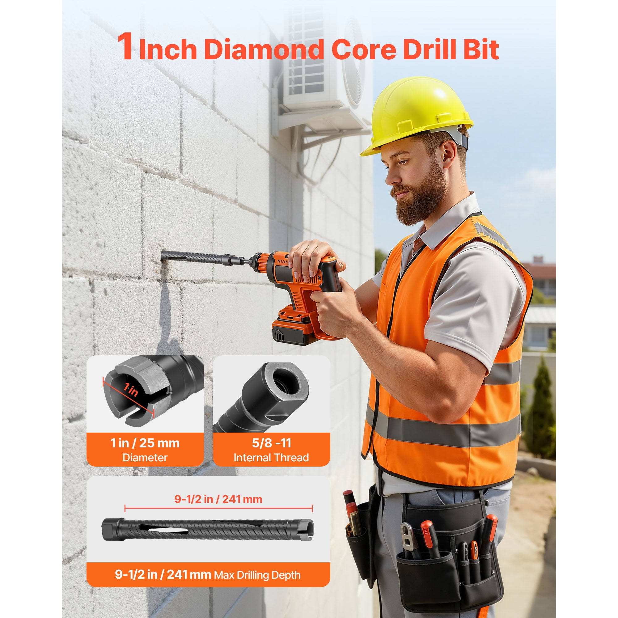 KFFKFF 1-Inch Diamond Core Drill Bit, 9-1/2 Inch Depth, 5/8-11 Thread, Includes 3 Adapters, Pilot Drill, and Hex Wrench, Suitable for Concrete, Brick, and Masonry