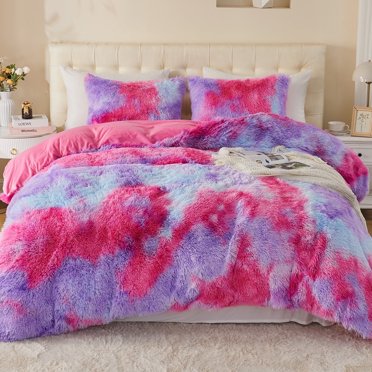 EMME Plush Shaggy Purple Duvet Cover Set King Size 3 Pieces Luxury Fuzzy Comforter Cover Set, Soft Faux Fur Fluffy Winter Bedding Set (Tie Dye Purple Pink, King )