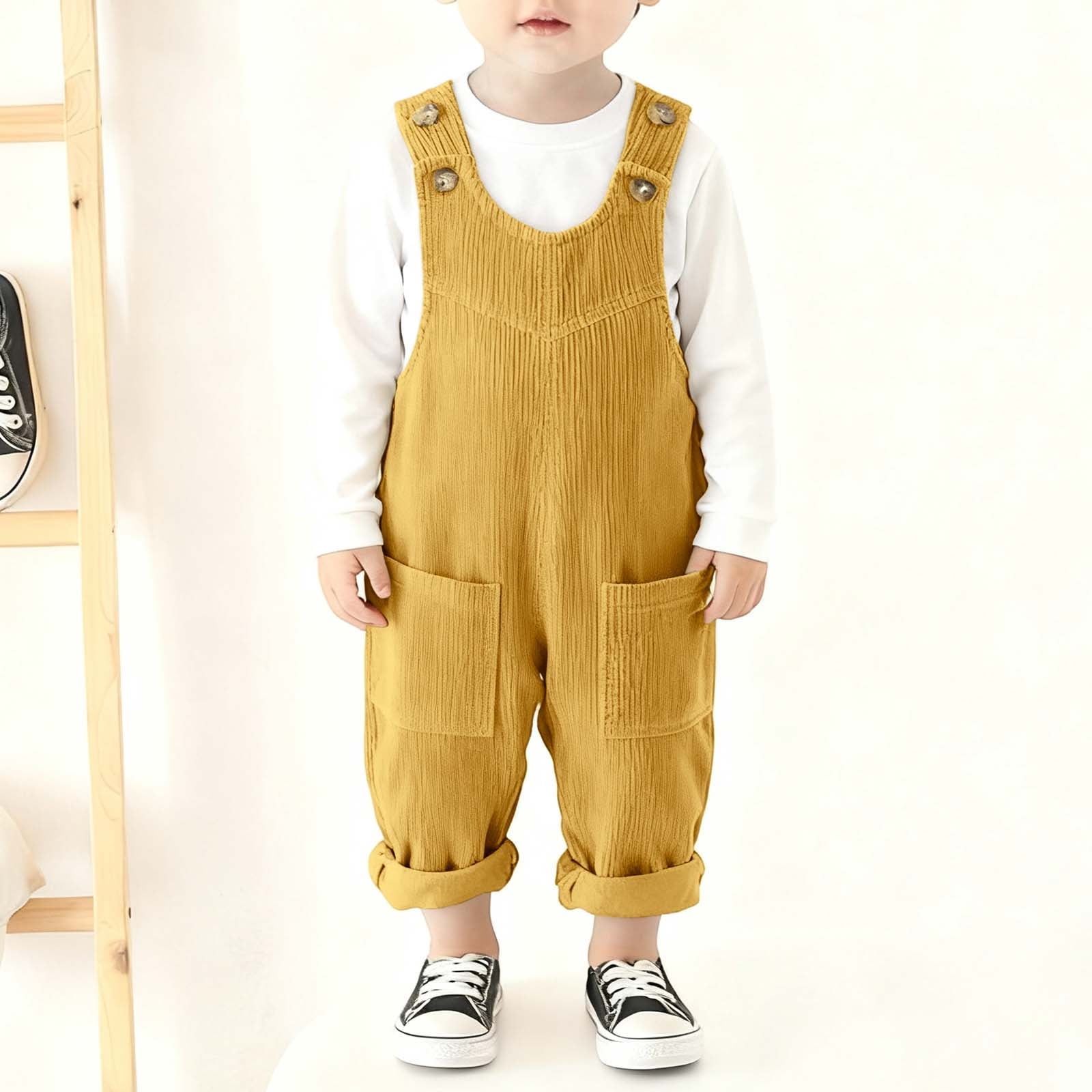 Ulitacool Romper For Boys 12-18 Months Round Neck Corduroy Onesies Overall With Adjustable Straps And Convenient Snap Closure Sleeveless Jumpsuit Versatile Clothes Yellow