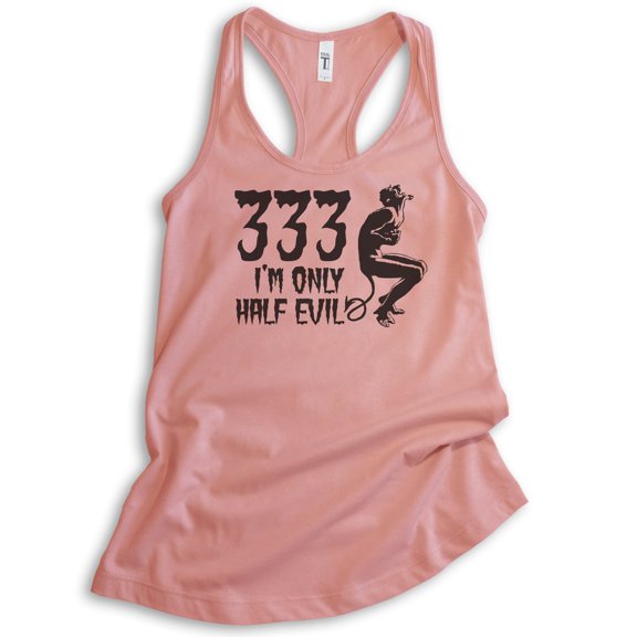 333 I'm Only Half Evil Tank Top, Ladies Racerback Tank Top, Halloween Tank, Devil Graphic Tee, Devil Tank, Desert Pink, Large