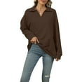 thumbnail image 3 of Female -Shirts Long Sleeve Banded Bottom Tops Business Casual Tops Collared V Neck Blouses Dark Coffee S, 3 of 9