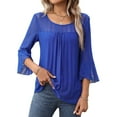thumbnail image 2 of Women'S Ruffle 3/4 Sleeve Elegant Dressy Blouses Crew Neck Double Layers Mesh Tunic Tops Blue L, 2 of 9