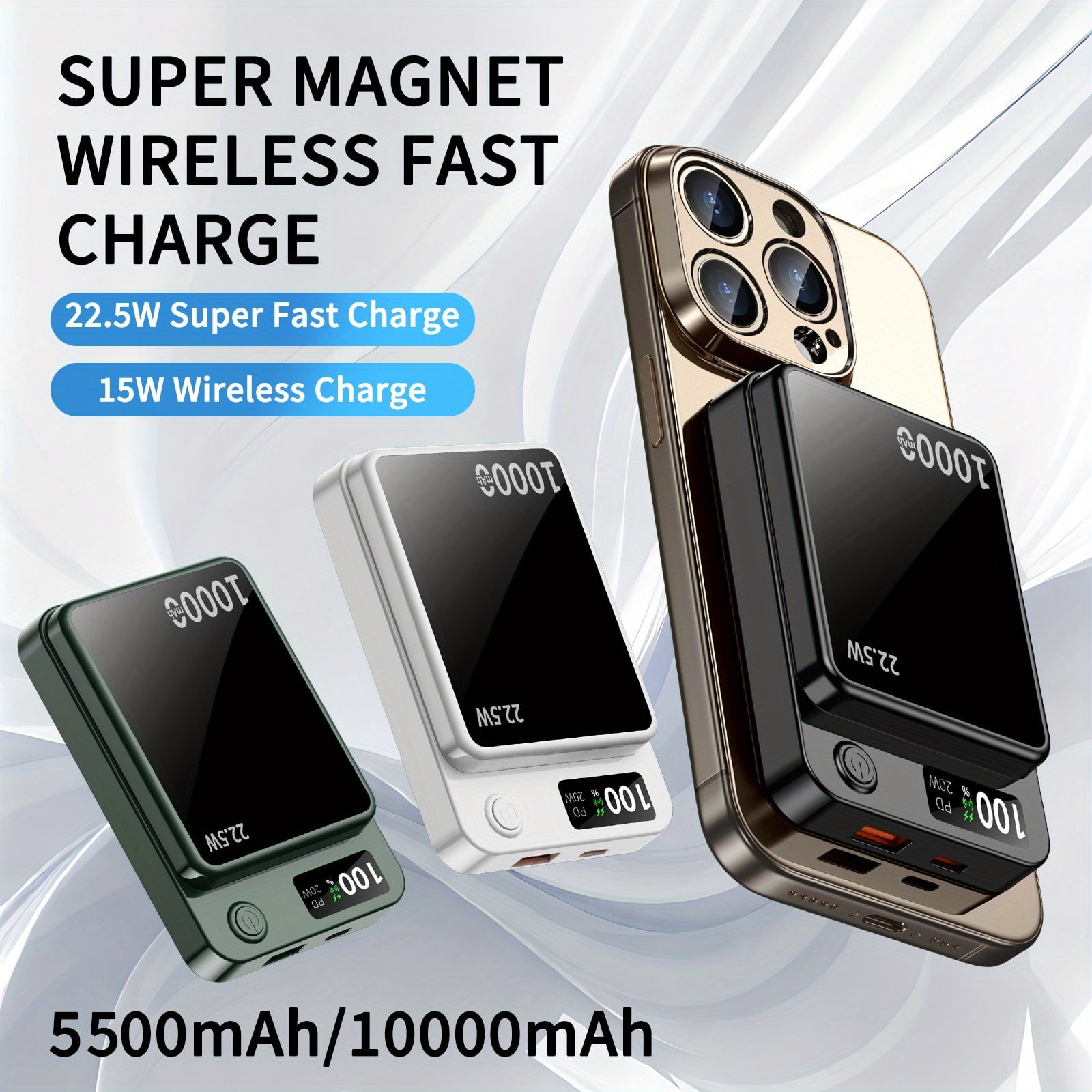 Magnetic Wireless Power Bank 10000mAh 22.5W Fast Charging with LED Display for iPhone 16/15/14/13/12 Series & Android Phones Portable Charger