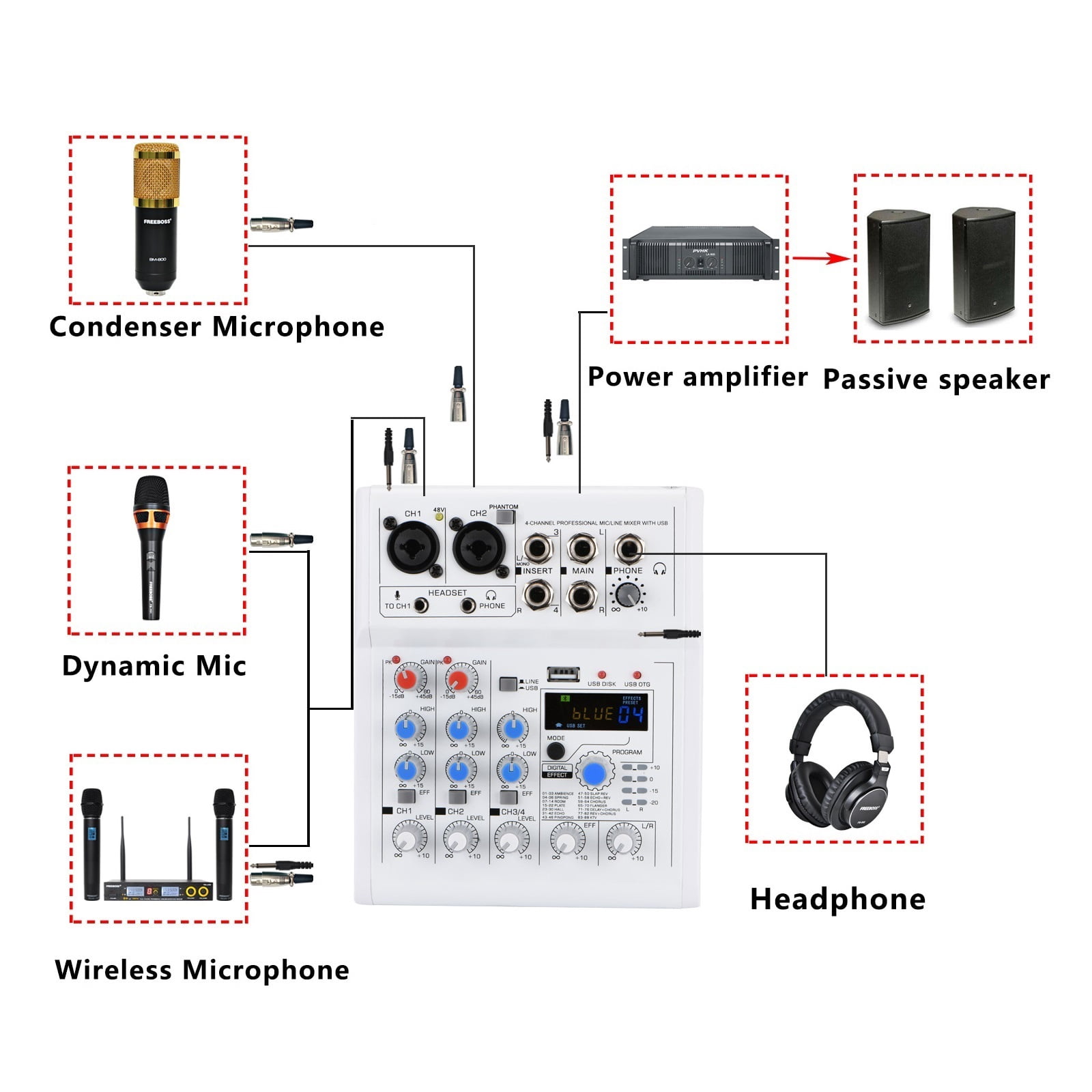 4 Channel DC 5V Mobile Computer USB Play and Record 88 DSP Effects Echo Reverb Personal Mixer