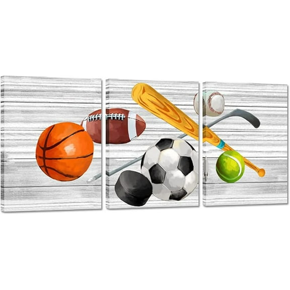 3 Pieces Rustic Sports Canvas Wall Art Basketball Football Baseball Soccer Sports Themed Artwork for Kids Room Boys Room Decor 12"x16"