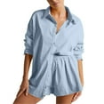 thumbnail image 2 of Pyhlmscde Women's Spring/Summer Fashion Set Casual Color Blocked Single Breasted Shirt Elastic Shorts Two Piece Set, Linen Shorts Set, Zeagoo Button Down Shirts for Women, Coord Sets for Women Summer, 2 of 5