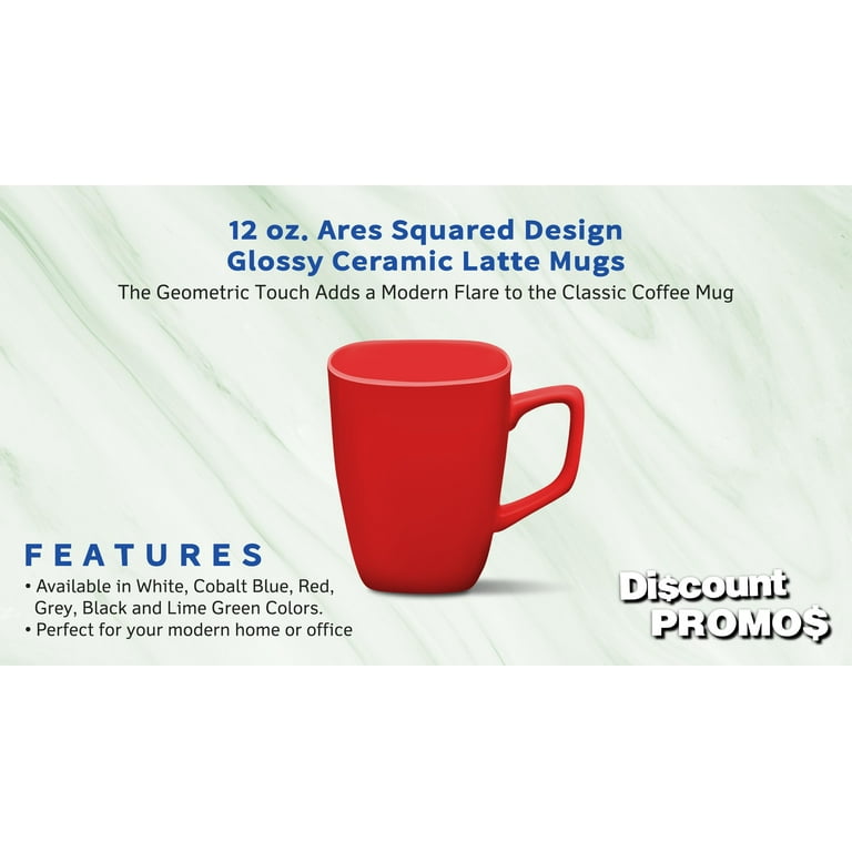 10 Ares Glossy Ceramic Latte Mugs Set, 12 oz. - Stoneware, Glossy, Durable,  C-handle - Red 