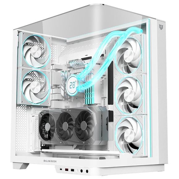 Gabinete Gamer BALAM RUSH TANK EXPERT CURVE 7800 ATX Media Torre 5 Fan Panel Curvo Cristal Templado USB-C ARGB Blanco BR-941563