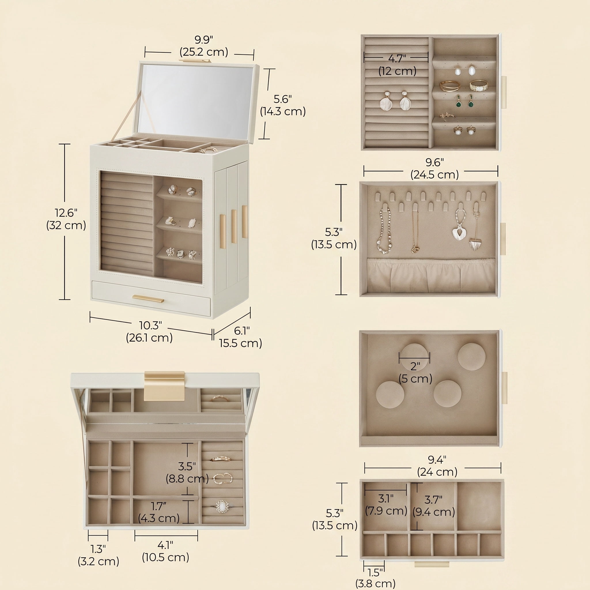 Nordic Hygge5-Layer Modern Jewelry Box with Glass Window & Side Drawers, Cloud White & Gold