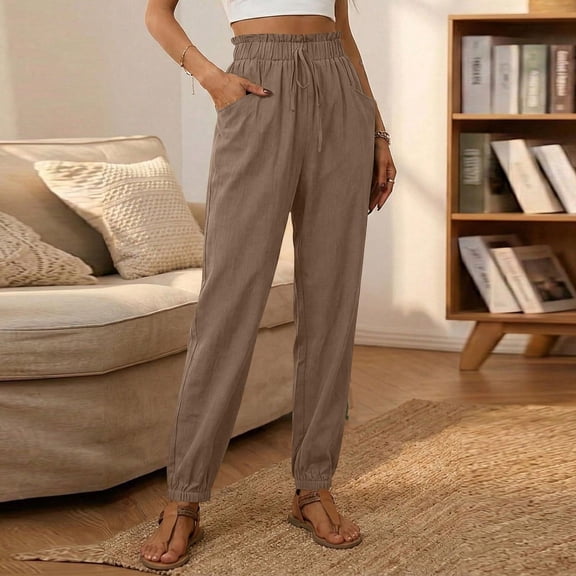 Mifsaly Black Linen Pants Women High Waist Jogger Pant Lightweight Breathable Outdoor Everyday Lounge Trousers with Pockets L
