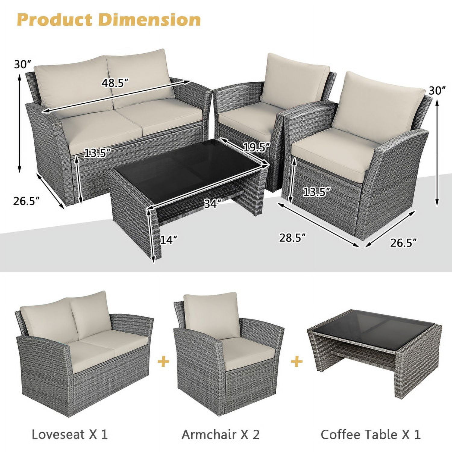 Aimee Lii 4 Pieces Wicker Patio Furniture Set Sofa Table with Storage Shelf Cushion, Modern Patio Furniture, Khaki Aimee Lii 4 Pieces Wicker Patio Furniture Set Sofa Table with Storage Shelf Cushion, Modern Patio Furniture, Khaki