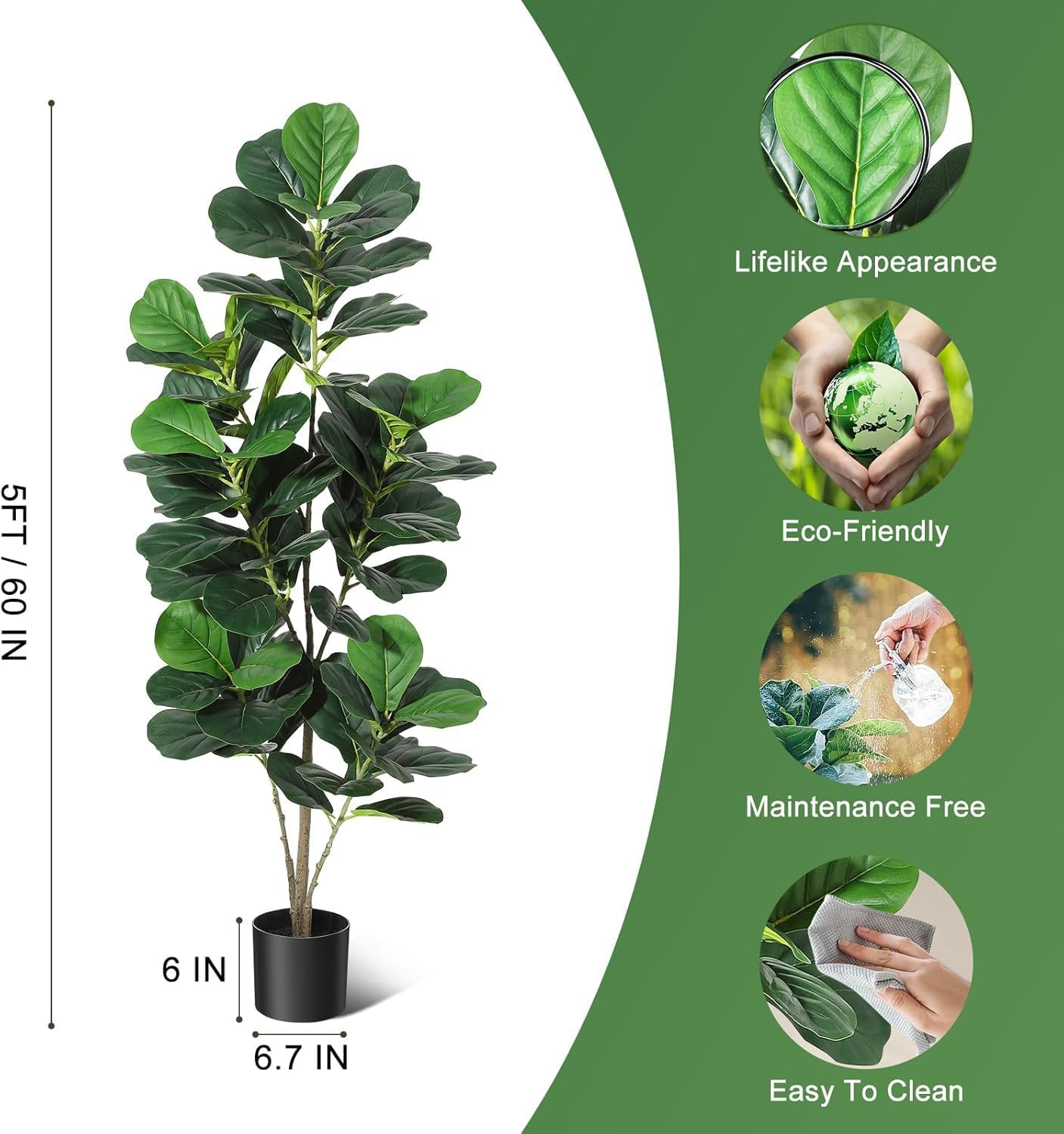 5FT Fiddle Leaf Fig Artificial Tree Faux Floor Plant, Potted Fake Fiddle Leaf Fig Tree for Indoor Outdoor Home Office Decor, with Black Planter Pot