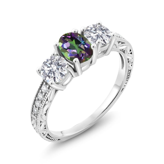 Gem Stone King 10K White Gold Green Mystic Topaz and Lab Grown Diamond Engagement Ring for Women | 2.12 Cttw | Oval 7X5MM | Gemstone November Birthstone | Size 8