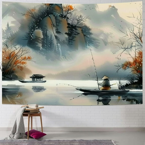 PRATYUS Japanese Tapestry Lake Mountain Landscape Wall Hanging Asian Art Ink Painting Tapestry Oriental Style Aesthetics Wall Blankets for Living Room Bedroom Decor Painting