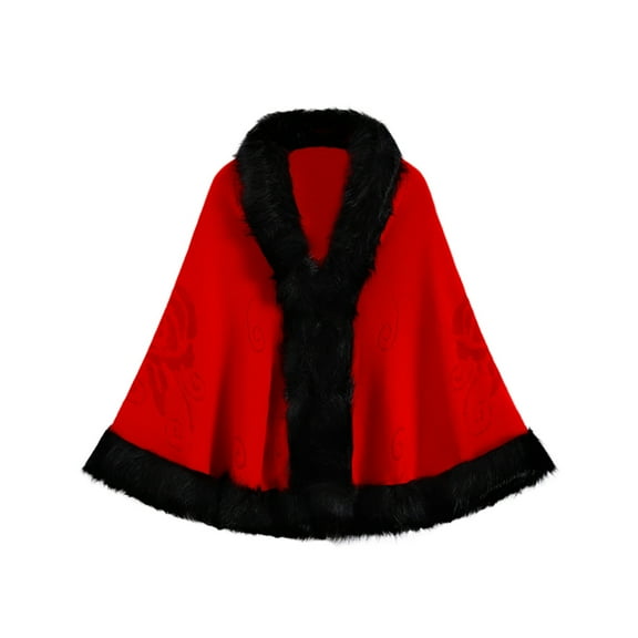 Women's Oversize Knit Cape Coat Winter Warm Poncho Fur-Collar Shawl Wrap Cardigan Cloak Red One Size