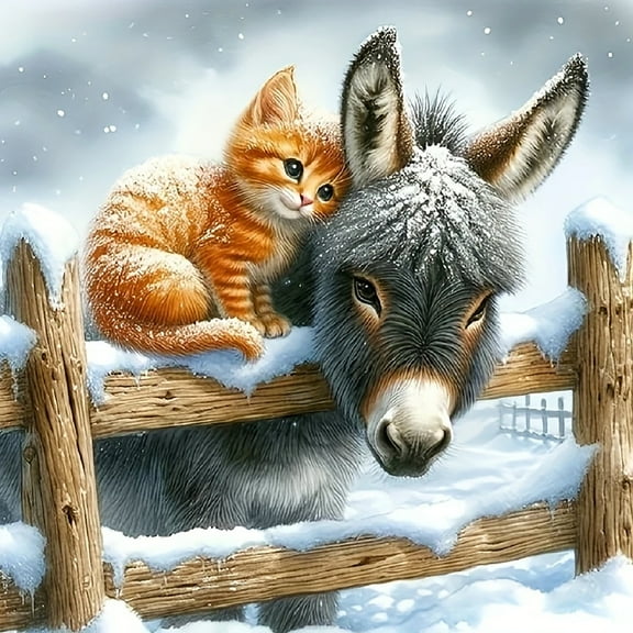 Diamond Art Painting Kits for Adults,Winter Donkey Cat 5D Diamond Painting Dots Art Kits for Adults Beginner, DIY Full Round Gem Crystal Art Paint by Diamond, Home Wall Decor 14x 14 in