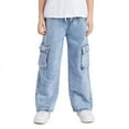 thumbnail image 2 of Boys Jeans Size 9-10Y Relaxed Cargo Denim Trousers Elastic Waist with Drawstring Casual Streetwear Kids Pants Light Blue, 2 of 5