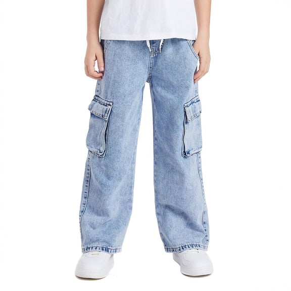 Tiijoy Big Boys Denim Jeans Elastic Waist Straight Leg Denim Cargo Pants, Sizes 9-10