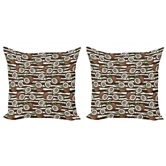 Ambesonne Tropical Throw Pillow Cover 2 Pack, Exotic Coconut Jungle, 24", Dark Brown Green White