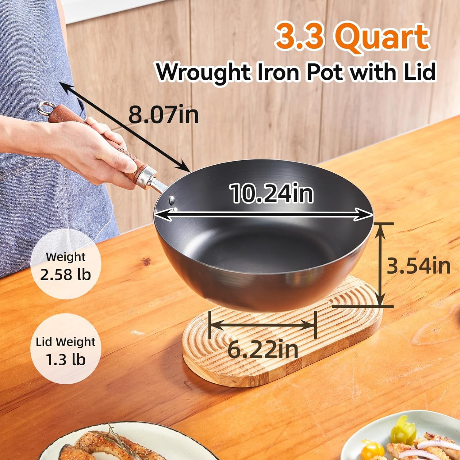 Carbon Steel Wok Flat Bottom 10.2 Inch with Glass Lid, Spun Iron Stir Fry Pan Coating- Naturally Seasoned for Gas Electric Stovetops