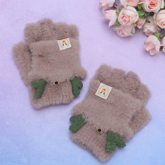 HINTRMENT Kids Gloves 1 Pair Plush Warm Keeping Hand Protection For Winter Outdoor Activities Khaki