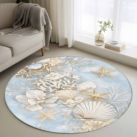 Coastal Round Rug 3ft Washable Circle Entryway Rugs Non Slip Beach Summer Nautical Starfish Coral Area Rug Indoor Floor Carpet for Bedroom Kitchen Living Room Home Office Dining Room Nursery