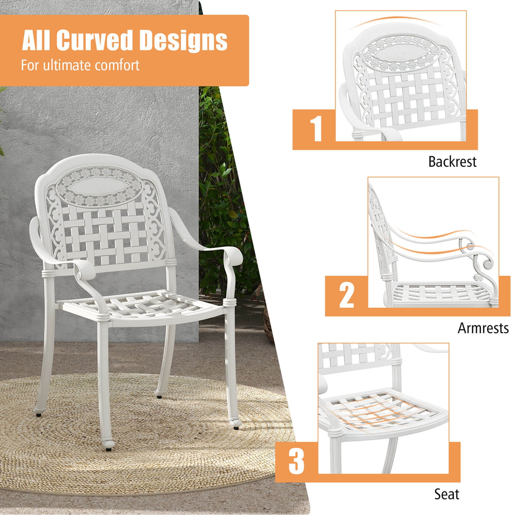 Costway 2pcs Patio Cast Aluminum Armrest Chairs Dining Stackable Outdoor White