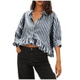 thumbnail image 3 of VKOYWKM Womens Summer Tops Dressy Casual Button Down Collar Striped Shirt 3/4 Sleeve Crop Top Ruffled Hem Loose Fit Oversized Trendy Blouses, 3 of 8