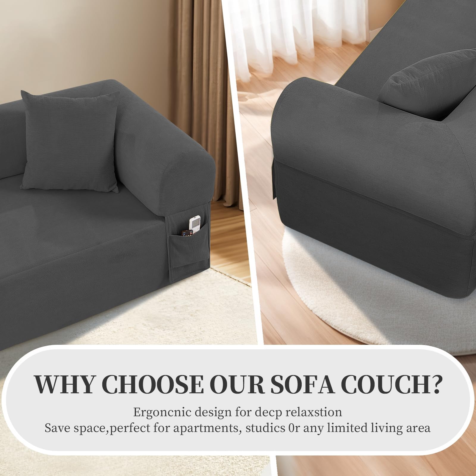 3-Seater Sofa, 83" No Assembly Deep Loveseat Couch in A Box, Spring & High-Elastic Sponge Filling Sofas with 2 Cushions & Side Storage Pockets for Living Room Apartment, Gray